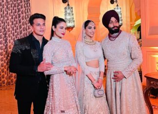 Yuvika Chaudhary Instagram - Congratulations beautiful couple @abhaynoorsingh_ @noorkaruaashiqui ❤️❤️. Outfit- @soshaibysofi @studiopriveofficial Styled by- @junejasanchi Makeup by- @raveen_anand