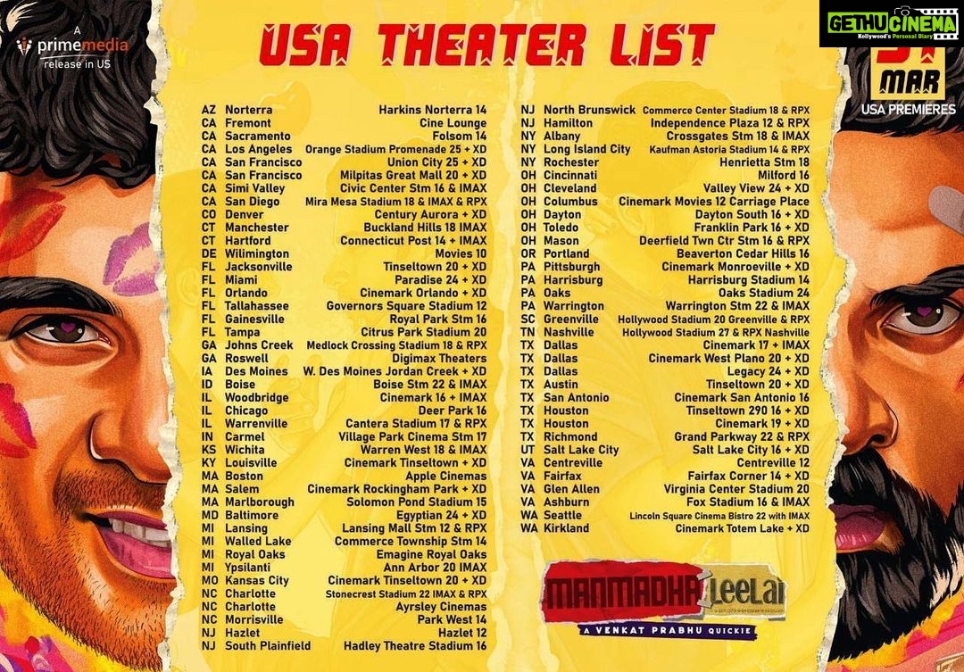 Ashok Selvan Instagram - USA theatres list for #ManmathaLeelai 😎