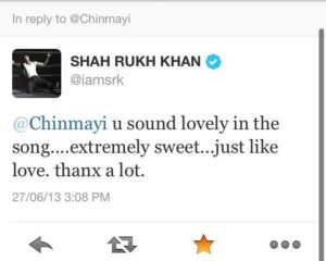 Chinmayi Instagram - Throwback to when Titli released. 

The one time I got appreciated in public by anyone in the Industry and it was SRK. I remember breaking down and laughing at the same time.

That was also around the time people made be believe I wasnt good enough a singer. The brainwashing was soo subtle yet powerful enough that I was mind-effed into quitting singing altogether. Coupled with the fact that my own Mother-Guru never once said I sang well enough ever I guess I believed I was terrible. 

If there was one thing I learned from this man - people always remember how you made them feel. And this man genuinely, truly makes everyone he meets feel like the most important, precious person in the world. I have Shekhar sir and Vishal sir to thank for this. 

And guess what - I recorded Titli when i had a neck injury and couldn’t move my right arm due to the C1-C2 on my neck pinching a nerve. The stories of how some of my biggest hit songs were sung always have a pretty strange backstory. I remember I couldnt move my hand to shake hands with Shekhar sir when he came to Chennai to record 🙏😂

Good times.