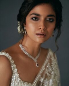 Keerthy Suresh Instagram - 🤍🤍🤍 Styled: @archamehta Assisted : @ruchi.munoth Outfit : @roujeofficial Hairstylist: @tejisinghofficial Makeup: @sahithya.shetty Photographer: @eshaangirri