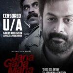 Prithviraj Sukumaran Instagram – #JanaGanaMana censored with U/A !! 
Worldwide release on April 28th! 

A Film by #DijoJoseAntony

#PrithvirajSukumaran
#SurajVenjaramoodu 
#ListinStephen 
#SupriyaMenon
#SharisMuhammed 

@JanaGanaManaMovie
@surajvenjaramoodu 
@dijojoseantony 
@mamtamohan 
@sd_sridivya 
@vincy_sony_aloshious 
@being_rootedd 
@kiranraphel 
@supriyamenonprithviraj 
@IAmListinStephen 
@prithvirajproductions 
@magicframes2011 
#SharisMuhammed 
@sudeepelamon 
@jakes_bejoy 
@sreejithsarang 
@harrisdesom 
#SanthoshKrishnan 
@poffactio
#JGMonApril28