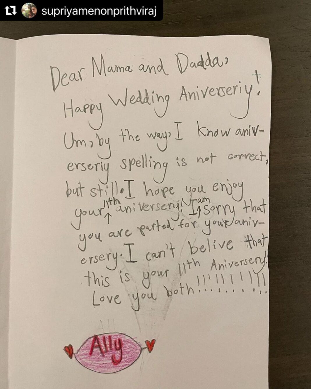 Prithviraj Sukumaran Instagram - A lil card from our Ally depicting our family! She’s got the anniversary spelling wrong but the sentiment totally right! ❤️#11thanniversary #AllyLove