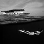 Rukmini Vijayakumar Instagram - Fav half & half photo . . With @dancerukmini @anupjkat @oneoceanonelove . #black #water #halfandhalf #ocean #diving #travel #maldives #maldivesislands #freediving #boat #bnwphotography Maldives