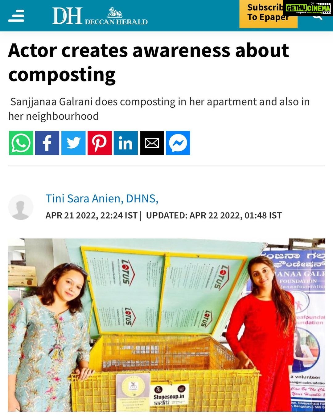 Sanjjanaa Instagram - Hi friends , On World Earth π day we Are here together announcing our initiative to protect and safeguard our environment throughout the year with #sanjjanaafoundation . firstly I humbly like to thank everyone who is picking up all the work that I am doing on Instagram and converting it into articles in their websites newspapers etc β¦ this time I need your Heartly support because we are spreading the message about how we can protect our environment . when I say I love my mother earth I truly love my earth like my mother . The environmental issues of pollution garbage disposal are somethings I feel very worried about and used to feel helpless about it all these days . By spreading the message of how important composting is in each and every home I feel satisfied that I am doing my bit to serve the society β¦ please help me to spread the awareness and importance of composting everybody . You can email us for more interviews on the same on sanjjanaafoundation@gmail.com with your contact details attached . Thank you @deccanherald for the positive coverage . we will be very happy to be talking to as many as people to spread this social awareness . πππ thank you team @stonesoup.in for your unconditional support . Congratulations to miss Bhavna and all other founders for the coverage and the great work that they are doing . @sanjjanaafoundation , #sanjjanaagalranifoundation is humbled to be associated with you . Indiranagar 100ft Road