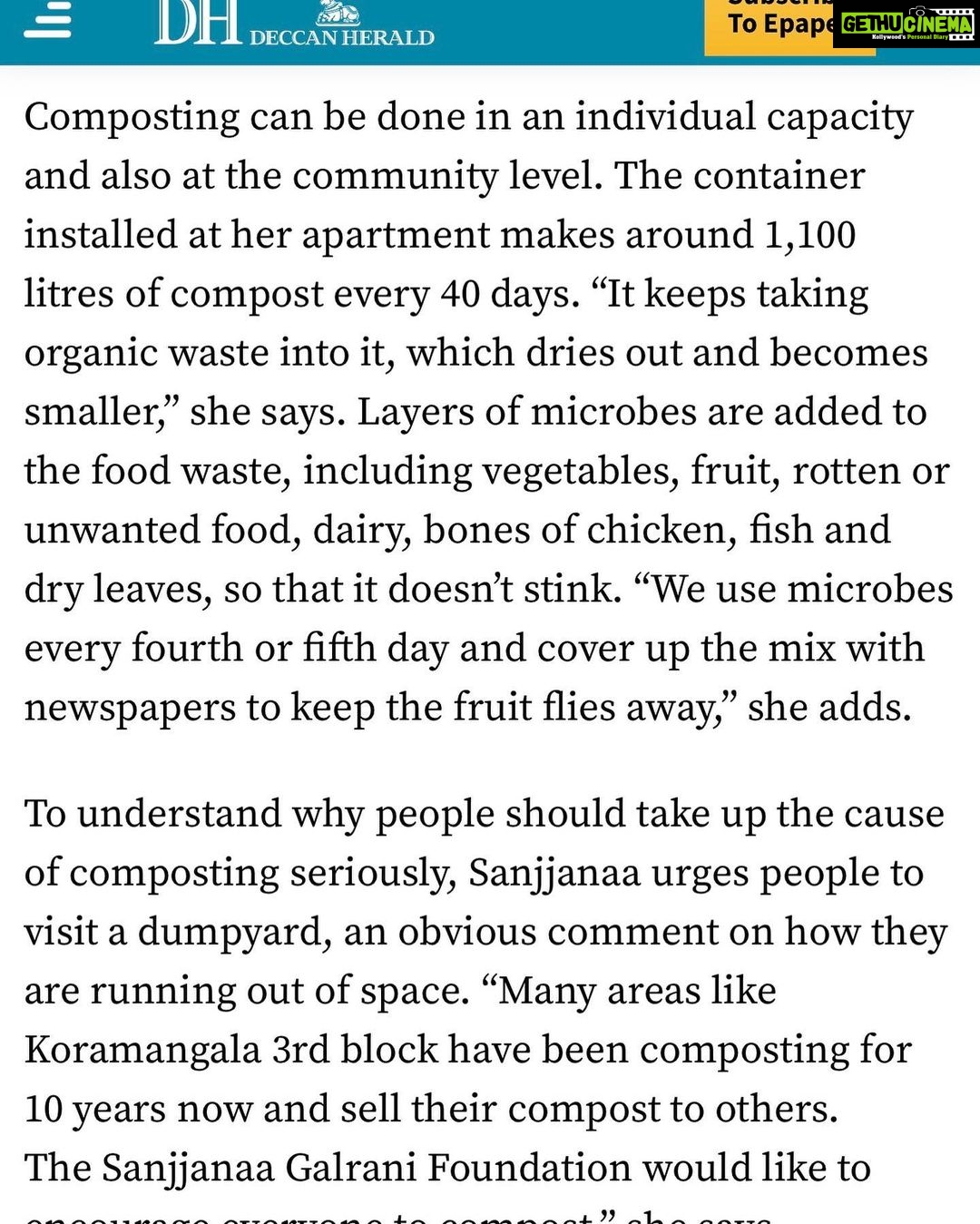 Sanjjanaa Instagram - Hi friends , On World Earth π day we Are here together announcing our initiative to protect and safeguard our environment throughout the year with #sanjjanaafoundation . firstly I humbly like to thank everyone who is picking up all the work that I am doing on Instagram and converting it into articles in their websites newspapers etc β¦ this time I need your Heartly support because we are spreading the message about how we can protect our environment . when I say I love my mother earth I truly love my earth like my mother . The environmental issues of pollution garbage disposal are somethings I feel very worried about and used to feel helpless about it all these days . By spreading the message of how important composting is in each and every home I feel satisfied that I am doing my bit to serve the society β¦ please help me to spread the awareness and importance of composting everybody . You can email us for more interviews on the same on sanjjanaafoundation@gmail.com with your contact details attached . Thank you @deccanherald for the positive coverage . we will be very happy to be talking to as many as people to spread this social awareness . πππ thank you team @stonesoup.in for your unconditional support . Congratulations to miss Bhavna and all other founders for the coverage and the great work that they are doing . @sanjjanaafoundation , #sanjjanaagalranifoundation is humbled to be associated with you . Indiranagar 100ft Road