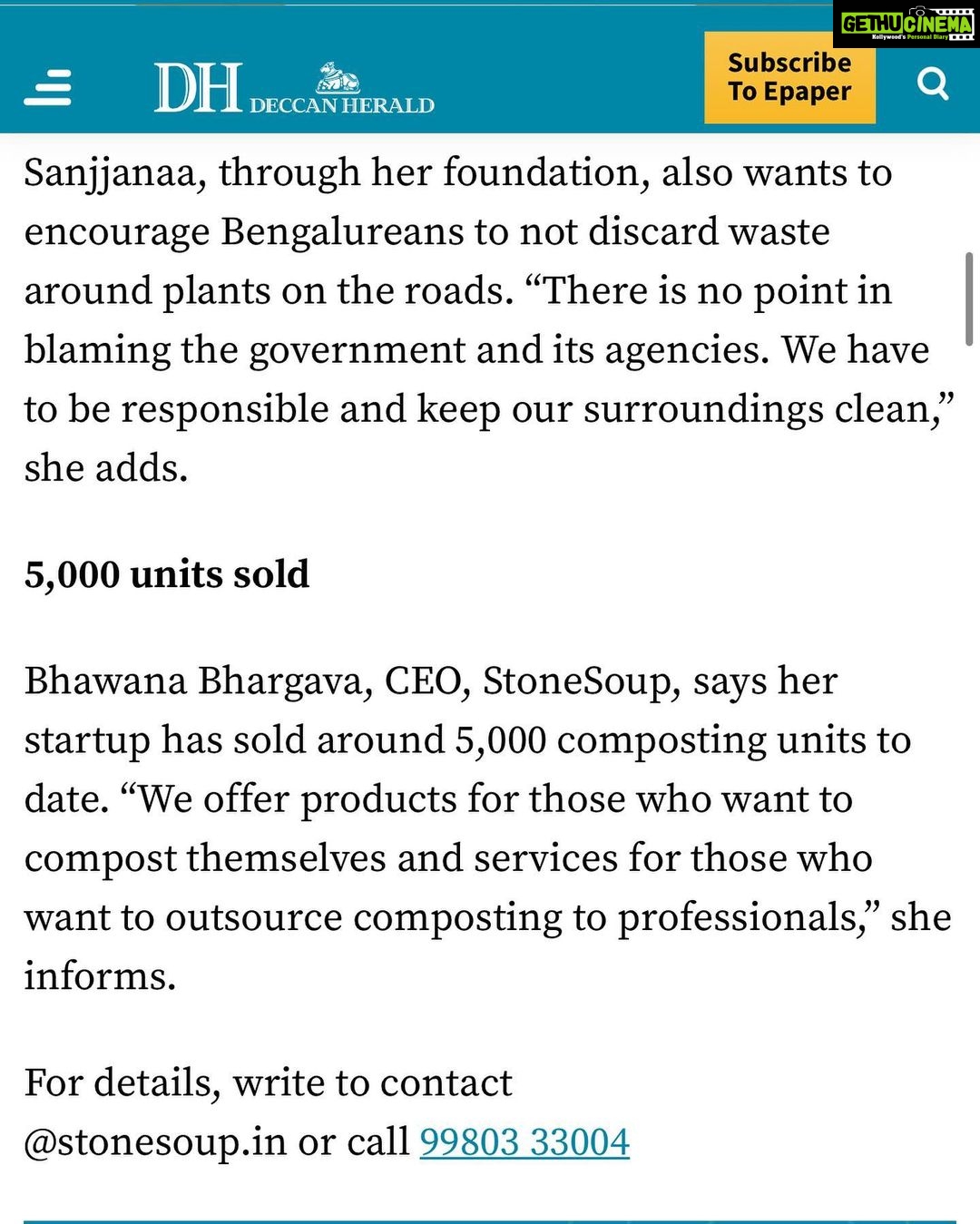 Sanjjanaa Instagram - Hi friends , On World Earth π day we Are here together announcing our initiative to protect and safeguard our environment throughout the year with #sanjjanaafoundation . firstly I humbly like to thank everyone who is picking up all the work that I am doing on Instagram and converting it into articles in their websites newspapers etc β¦ this time I need your Heartly support because we are spreading the message about how we can protect our environment . when I say I love my mother earth I truly love my earth like my mother . The environmental issues of pollution garbage disposal are somethings I feel very worried about and used to feel helpless about it all these days . By spreading the message of how important composting is in each and every home I feel satisfied that I am doing my bit to serve the society β¦ please help me to spread the awareness and importance of composting everybody . You can email us for more interviews on the same on sanjjanaafoundation@gmail.com with your contact details attached . Thank you @deccanherald for the positive coverage . we will be very happy to be talking to as many as people to spread this social awareness . πππ thank you team @stonesoup.in for your unconditional support . Congratulations to miss Bhavna and all other founders for the coverage and the great work that they are doing . @sanjjanaafoundation , #sanjjanaagalranifoundation is humbled to be associated with you . Indiranagar 100ft Road
