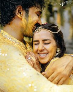 Aadhi Pinisetty Instagram - Dancing through a dhol with our friends and family to staining everyone’s clothes with haldi. 

Our haldi had showers of love, purity, joy, flowers, laughter and a tons of fun. One of the best way to kickstart our journey with our dear ones 💛✨

Outfit : @varunchakkilam 
Jewellery: @sheetalzaveribyvithaldas 
Styled by : @neeraja.kona 
Make up & Hair : @page3salonalwarpet @dianastylish_muh 
Wedding Managers & Co Planners : @spizeweddingsandevents
Wedding Decor Designers & Co-planners : @thea3project
Photography : @theweddingstory_official