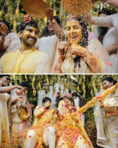 Aadhi Pinisetty Instagram - Dancing through a dhol with our friends and family to staining everyone’s clothes with haldi. 

Our haldi had showers of love, purity, joy, flowers, laughter and a tons of fun. One of the best way to kickstart our journey with our dear ones 💛✨

Outfit : @varunchakkilam 
Jewellery: @sheetalzaveribyvithaldas 
Styled by : @neeraja.kona 
Make up & Hair : @page3salonalwarpet @dianastylish_muh 
Wedding Managers & Co Planners : @spizeweddingsandevents
Wedding Decor Designers & Co-planners : @thea3project
Photography : @theweddingstory_official