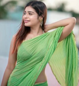 Dharsha Gupta Instagram - 💚Believe in yourself. You are braver than you think, more talented than you know, and capable of more than you imagine💚 Saree- @styled_by_arundev Styled by- @sen_smily_girl Pic- @dhanush__photography