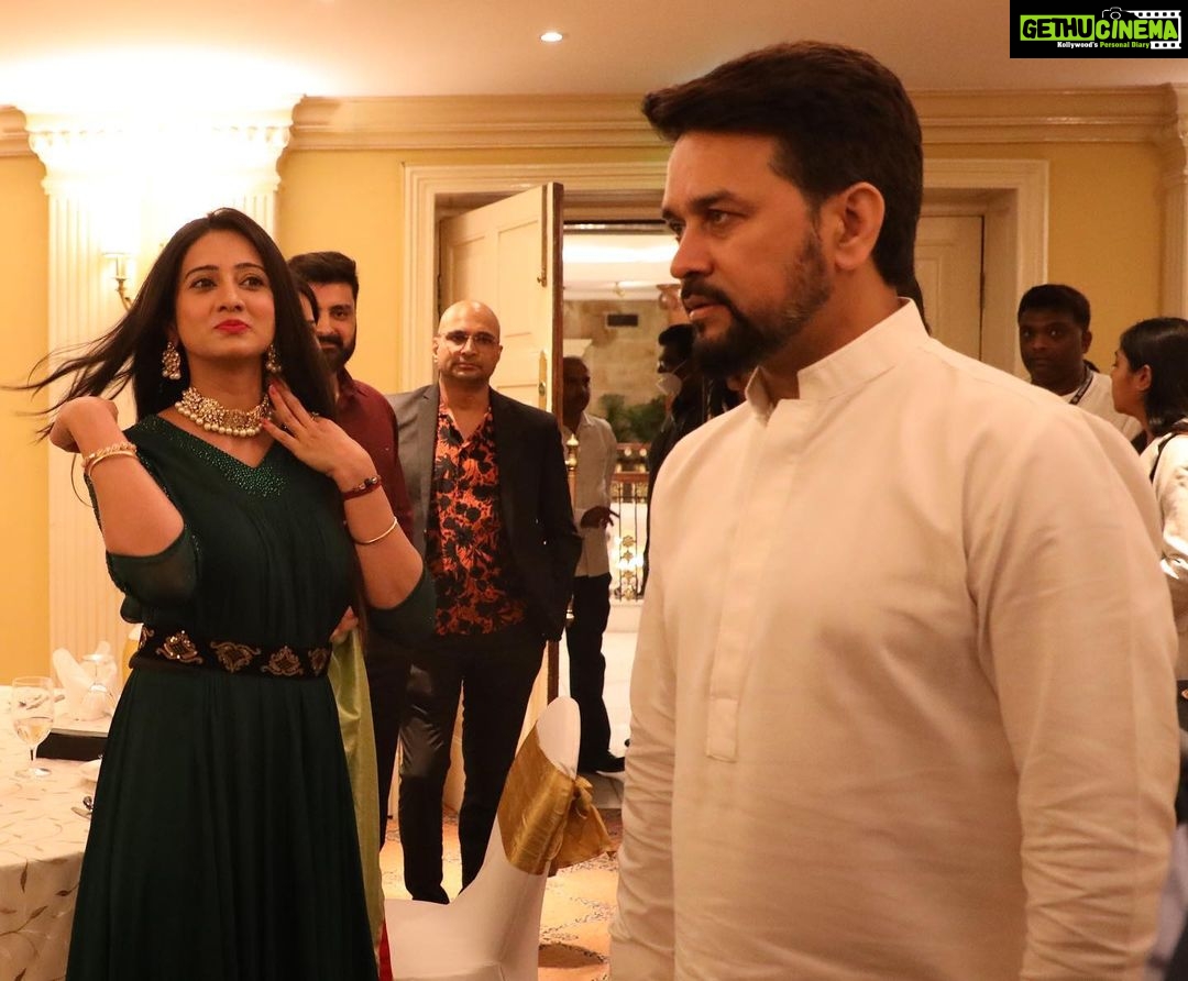 Harshika Poonacha Instagram - It was my immense pleasure to have met the young and dynamic Union minister of Sports,Youth affairs and Minister of Information and broadcasting Sri @official.anuragthakur sir in Namma Bengaluru and discuss on the issues our film industry is facing and how he can help us overcome them. Thankyou for your time sir . Thankyou somuch @innovativefilmcity_ Chairman Mr Prasad ,CEO Mrs Upasana and #KCA chairman @suneelpuranik sir for inviting me for this magnificent event π . . . . . . Wearing the beautiful dress by @n4couture β₯οΈ ITC Windsor, a Luxury Collection Hotel