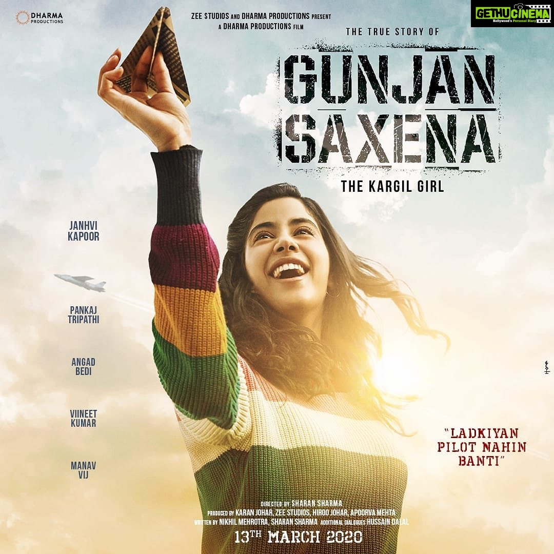 Janhvi Kapoor Instagram - Gunjan Saxena -#TheKargilGirl Releasing on the 13th of March, 2020. @karanjohar @apoorva1972 #PankajTripathi @angadbedi @itsvineetsingh @manavvij @sharansharma @dharmamovies @zeestudiosofficial
