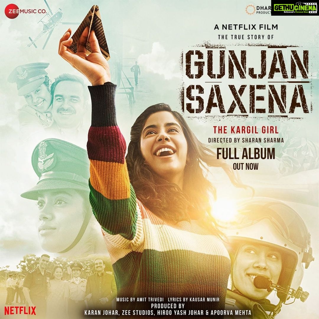 Janhvi Kapoor Instagram - #GunjanSaxena - The Kargil Girl full music album out now ☺️🥰 Premieres on 12th August only on @netflix_in. @gunjansaxena123 @dharmamovies @zeestudiosofficial @karanjohar @apoorva1972 @pankajtripathi @angadbedi @vineet_ksofficial @manavvij @ayeshiraza @sharansharma @somenmishra @itsamittrivedi @kausarmunir @zeemusiccompany