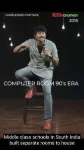 Karthik Kumar Instagram - Deleted content from Blood Chutney on the 90s era of computing and computer rooms. 

Blood chutney was touring 2017 and released on amazon prime video in 2018. 

Aansplaining is my new comedy special touring from June 2022 onwards. Tickets in bio.