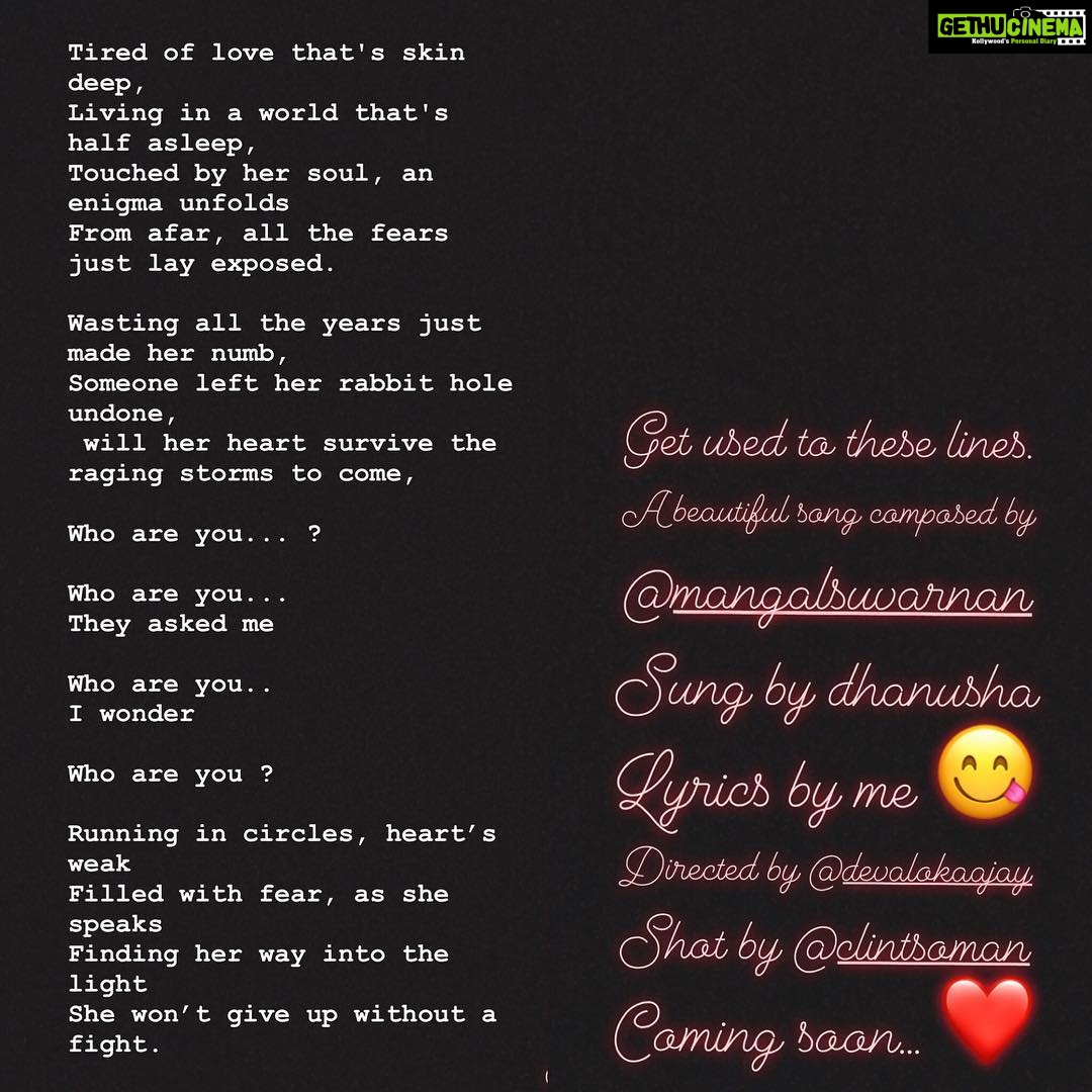 Pearle Maaney Instagram - THE LYRICS #WhoMovie #song #comingsoon ❤️ Composed by @mangalsuvarnan Sung by Dhanusha Lyrics : Pearle 😎 Director @devalokaajay DOP : @clintsoman