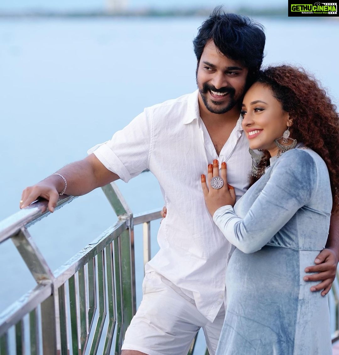 Pearle Maaney Instagram - ALWAYS safe in his Arms 🌸🧿 He takes care of me like a baby and he is always making sure I’m happy. He doesn’t let me watch Negative movies or News. Every time I throw up he is with me rubbing my back... he makes me finish my bottle of water... He had happy tears during our first scan...He gets me Tissues when I cry watching ‘Aniyathipraavu’ for the 100th time... he reminds me to have my tablets on time.. at night he slowly makes sure I’m sleeping on my side... he has secret conversations with our little one... He makes sure I drink my glass of milk at night( he waits for the last sip 😋 coz it tastes yummy)... He walks with me in the evenings..He stays up with me when I am sleepless... Plays my favourite songs to put me to sleep... He applies Moisturiser on my tummy every night.. He laughs at all my Jokes...He reminds me how beautiful I am... he lets me eat what I want...He always tells me to follow my Dreams...Well... the list Goes on. I love him with all my heart and I’m the luckiest to be carrying one more beautiful version of this Loving Human inside me. Love You Srini 😘 🧿 #extremelypampered #imaluckywife @srinish_aravind . . . Click @jiksonphotography @lightsoncreations Styling @asaniya_nazrin