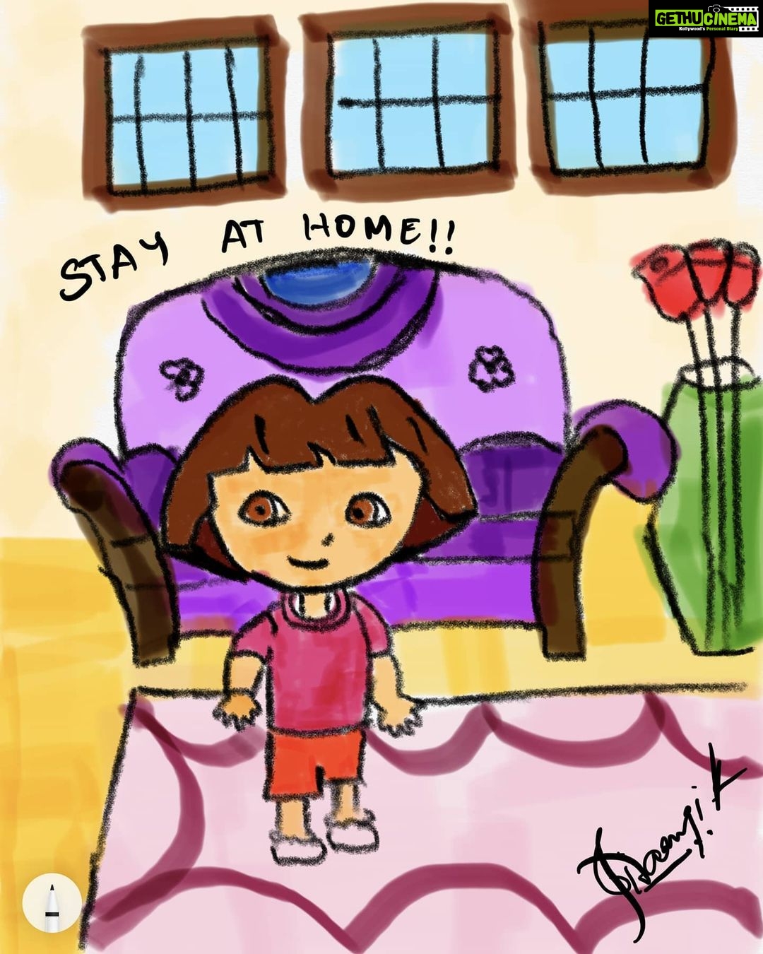 Sivaangi Krishnakumar Instagram - Dora: enga namma poro? Govt: mooditu veetla iruš Stay home . Stay safeā¤ļø #quarantine #drawing#ipaddrawing