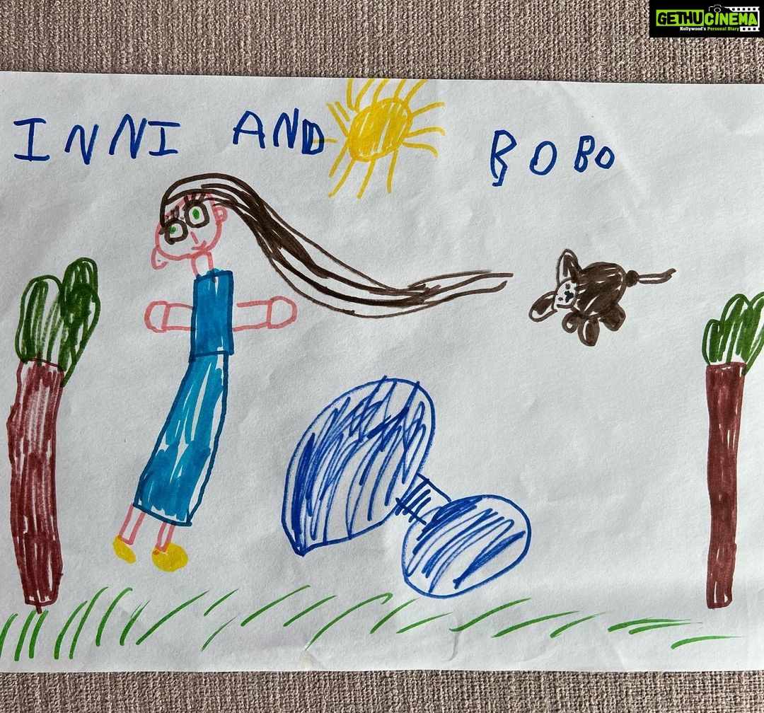 Soha Ali Khan Instagram - So here is Inni’s version of the cover of Inni and Bobo #inniandbobo - (yes that s a puppy and not a mouse flying unnaturally close to the tops of the trees) mamas and papas, dadas and dadis, nanas and nanis , basically everyone!! get your children to make their version of the cover of our new book and we will share their masterpieces ! ❤️ perhaps we will find an illustrator for the sequel which is coming out soon!! @inniandbobo @penguinindia