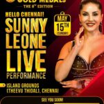 Sunny Leone Instagram – Vanakkam Chennai 😍 
Thrilled to meet you all at the BEHINDWOODS GOLD MEDALS 8th Edition🏅@behindwoodsofficial

On May 15th, 5pm Onwards at ISLAND GROUNDS(Theevu Thidal), CHENNAI.

Let’s make this event JollyOGymkhana🥳 

Book Your Tickets on http://behindwoods.com/bgm8

#SunnyLeoneLivePerformance
#BehindwoodsGoldMedals2022
#BGM8 Chennai, India