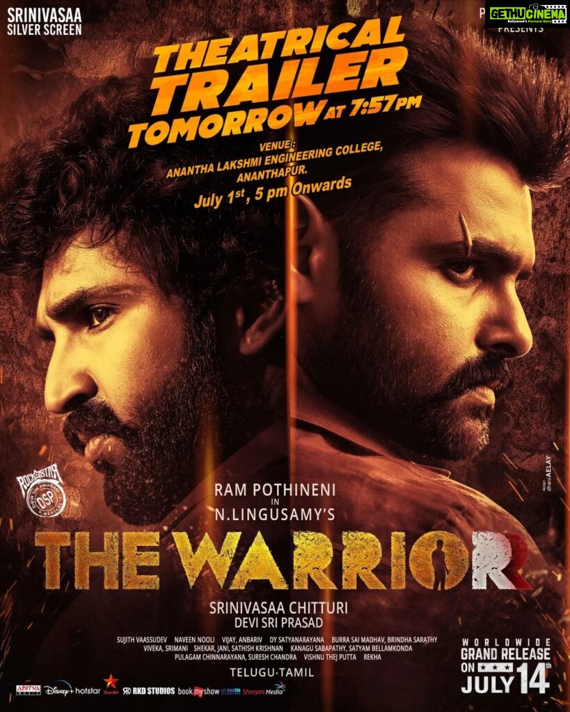 Aadhi Pinisetty Instagram - Gear up for the big war! #TheWarriorrTrailer is coming tomorrow at 7:57pm! #TheWarriorr @ram_pothineni @dirlingusamy @thisisdsp @krithi.shetty_official @srinivasaasilverscreenoffl @srinivasaachitturi @iaksharagowda @sujithvaassudev @anbarivu_film @thisisputta @adityamusicindia @masterpiece.offl