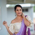 Anasuya Bharadwaj Instagram – Like a wild flower.. you must allow yourself to grow in all the places people thought you never would.. 💜

For #Jabardast #tonyt 
Outfit & Styling : @gaurinaidu 🌸
PC: @freeze_the_seconds46 🎴