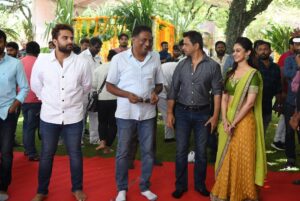 Arjun Sarja Instagram - Production no 15 ⭐️ing @vishwaksens @aishwaryaarjun Proudly introducing my daughter to TFI 

🎬 by one of the finest gentleman I’ve ever met Shri Pawan Kalyan. #pawankalyan 

First shot 🎥 directed by the legendary captain Shri Raghavendra Rao Garu

Thanks to Our own Shri Prakash and all the other guest of honors for coming over to bless the project. 
@joinprakashraj. 

Proud to be working with @ravibasrur for 🎶..