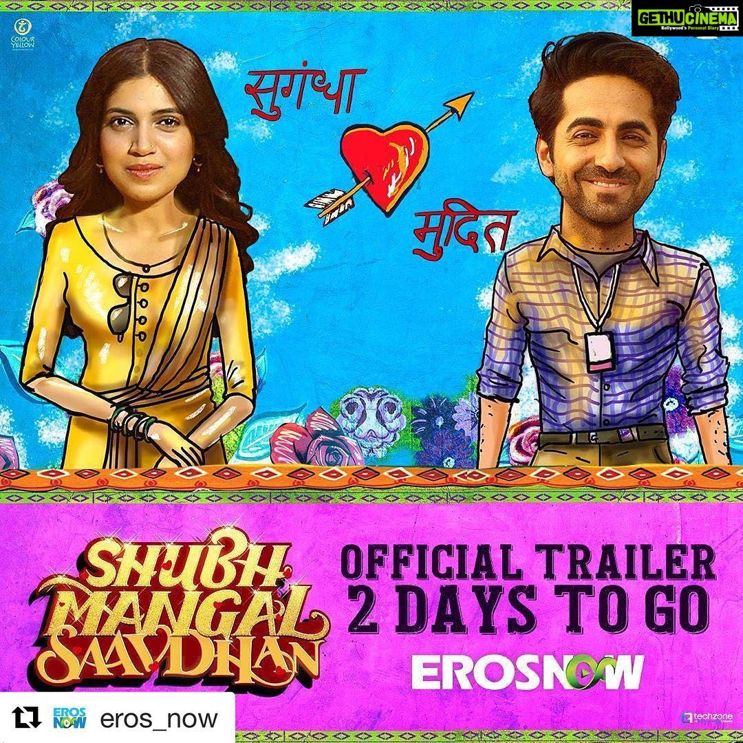 Bhumi Pednekar Instagram - #Repost @eros_now (@get_repost) ・・・ Na है मुदित James Dean aur na है सुगंधा Madonna, पर story hai इनकी 100% happening! 💘😉 #ShubhMangalSaavdhan Trailer-1st Aug. 😄 . #erosnow #ayushmannkhurrana #trailer #2daystogo #1august #bollywood #movie