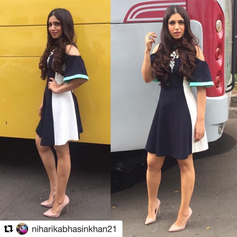 Bhumi Pednekar Instagram - #Repost @niharikabhasinkhan21 (@get_repost) ・・・ Bhumi pednekar @psbhumi looking quirky and girly in @ridhimehraofficial #coldshoulderdress Accessories : @aquamarine_jewellery All put together by @niharika69 Assistants @ria__kapoor @tasneemabrar Hair: @gohar__shaikh For the promotions : @toiletthefilm With @yashrajfilmstalent #bollywood #promotions #movie #toiletekpremkatha #actress #funtimes #bhumipednekar #stylejob #niharikakhan #filmy #ootd