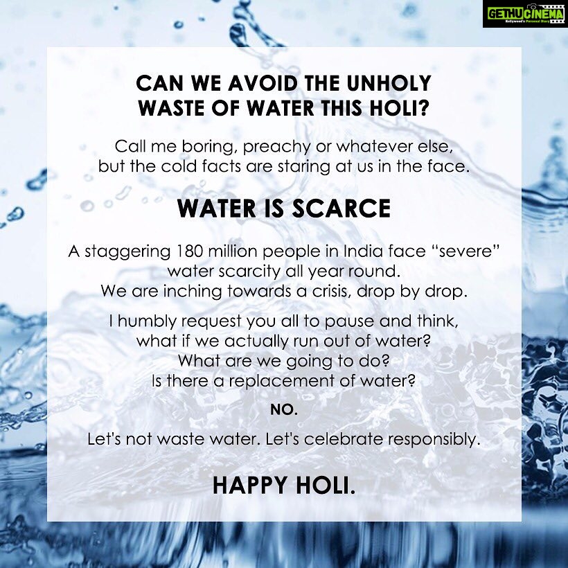 Bhumi Pednekar Instagram - Happy holi my lovelies India is going to be one of the First Nations to be hit by a Water Scarcity problem in the near future.When I say near I mean as close as maybe the next 30 to 40 years. Which means most of our peers,friends and family are going to be Here and kicking to see our current and future generations suffer because of no water. Holi is the festival of colours. Love It.Enjoy it. But try being dry. Being a little conscious today can better our tomorrow.Not being preachy just keeping it real.Its a small step but remember - 'boond boond Se sagar banta hai ' - xx Bhumi πππ§ #happyholi #saveourwater #dryholi