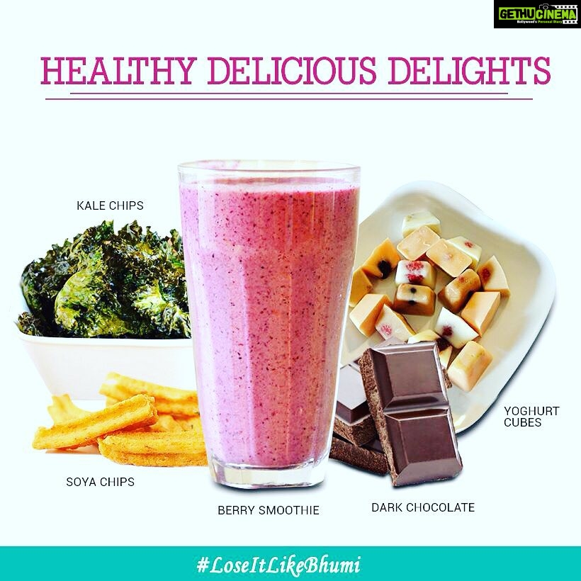 Bhumi Pednekar Instagram - Hello lovelies! This week, I am sharing with you few of my favourite healthy snacks for the times when the cravings get the better off me. It's always good to avoid junk food and opt for these yummy but healthy options instead! Just to let you know, as I will be getting busy with my new film, #LoseItLikeBhumi might not be a regular feature here. I will certainly be sharing tips / treats as and when I find them. Berry smoothie - Pour a glass of water into the mixer and add 2 tablespoons of yogurt. Add one teaspoon of honey and fresh berries of all kinds into it. Blend them together and enjoy! Yoghurt cubes - You can pour a homemade smoothie into the ice cubes. Pour the strawberries shake into the ice tray and freeze it. You can make it a slushy and eat it up. The best cold snack ever! Other healthy alternatives are: Kale & Soya chips (I totally love them!), whole wheat lavash with hummus, or even dry roasted grains like puffed bajra. BTW, if you are really craving, you can have a piece of dark chocolate - the darker the better. Chocolate made with at least 70% cocoa contains less sugar and more antioxidants. It is okay to give in to your cravings once in a while, but do remember to stay wise and stay healthy!