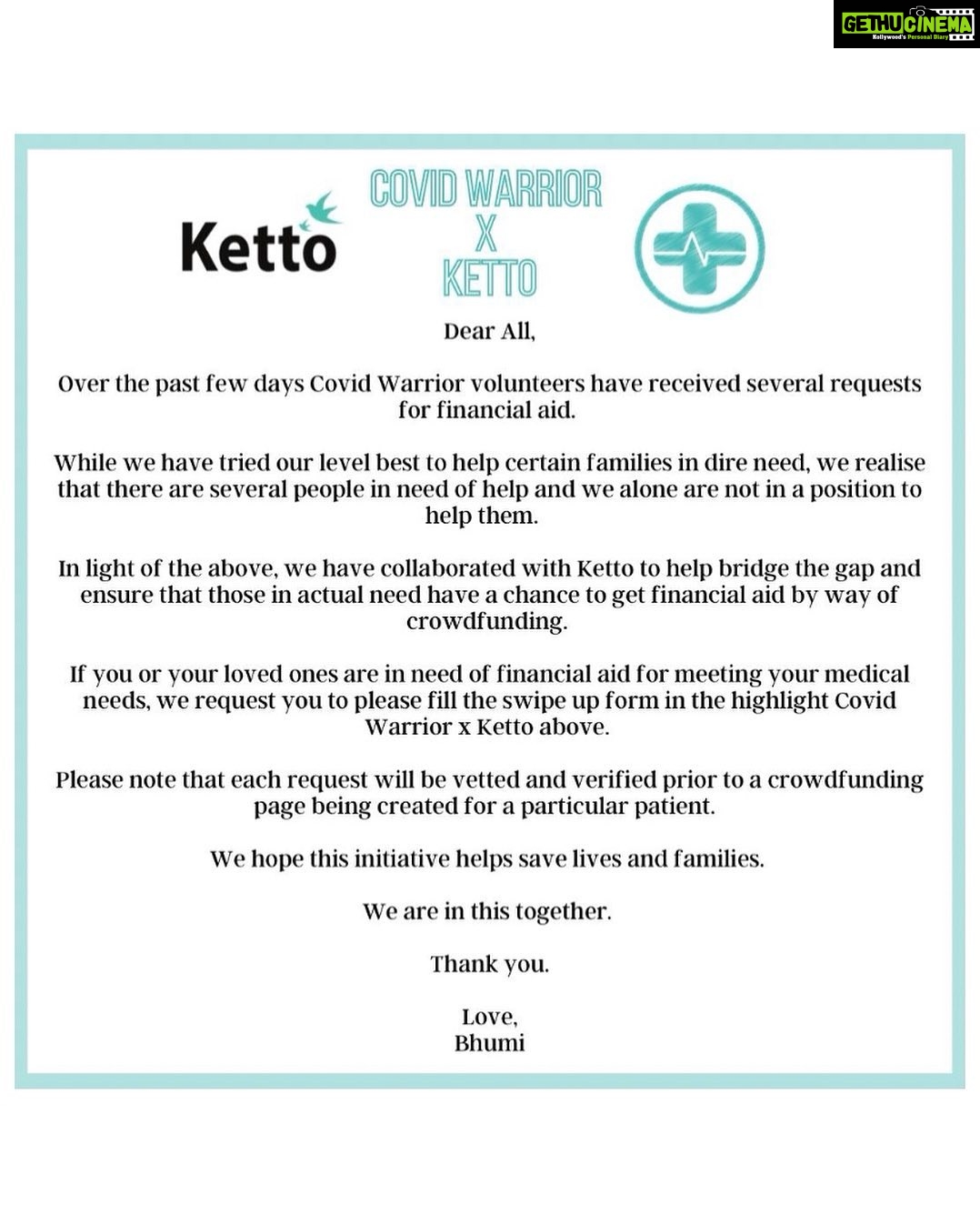 Bhumi Pednekar Instagram - Financial Aid Initiative by Covid Warrior x Ketto 🤍 Check the Highlight ! Swipe Up for form :)