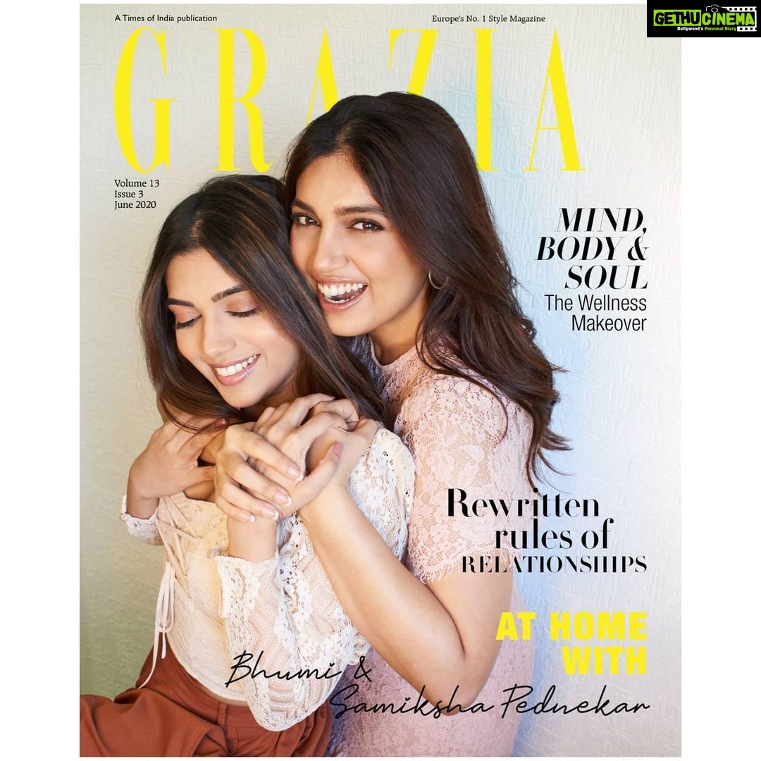 Bhumi Pednekar Instagram - Love x Pednekar sisters x Grazia 👸👸 @samikshapednekar @graziaindia Words: @barrynrodgers Fashion Director: @pashamalwani Senior Creative Editor: @keegancrasto Senior Graphic Designer: @manjariloya #AtHomeWithGrazia #CoverStars #pednekarsisters #quarantinedition
