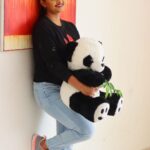 Divya Padmini Instagram - With mr.panda 🐼 Click: @_q_creations_ #pictureoftheday #instapic #instamood #withpanda #filming #babystoy #home #mondaymood #blacknwhite #photography #disney #disneytshirt #divyavishwanath
