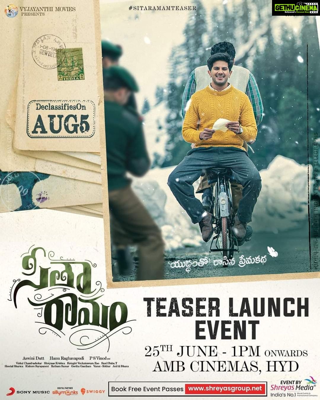 Dulquer Salmaan Instagram - Come catch a glimpse of the world of #SitaRamam along with me at AMB Cinemas Gachibowli, Hyderabad. See you all there at 1PM tomorrow, the 25th of June. #SitaRamam @hanurpudi @mrunalthakur @rashmika_mandanna @sumanth_kumar @tharunbhascker #AshwiniDutt @composer_vishal #PSVinod #KotagiriVenkateswaraRao @mrsheetalsharma @vyjayanthimovies @swapnacinema @swapnaduttchalasani @priyankacdutt @sonymusic_south @tsunilbabu @ali_thohts @prasanth_ank7 @shreyaas_krishna @madhankarky @sillymonksnt @geethagautham @ursvamsishekar @amb_cinemas #SitaRamamFromAug5 #WorldOfSitaRamam #Event #25thJune #AMBCinemas
