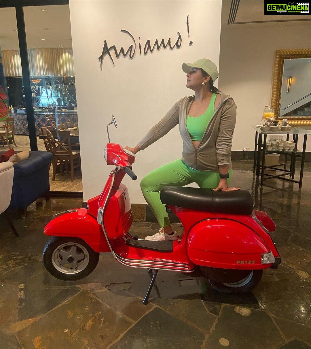 Huma Qureshi Instagram - Manifest your best life 💚 And while the Universe does it’s magic … continue to be a goofball … PS - no scooters or flowers were harmed during the making of this post .. #childatheart #goofball #neon #manifestation #mad