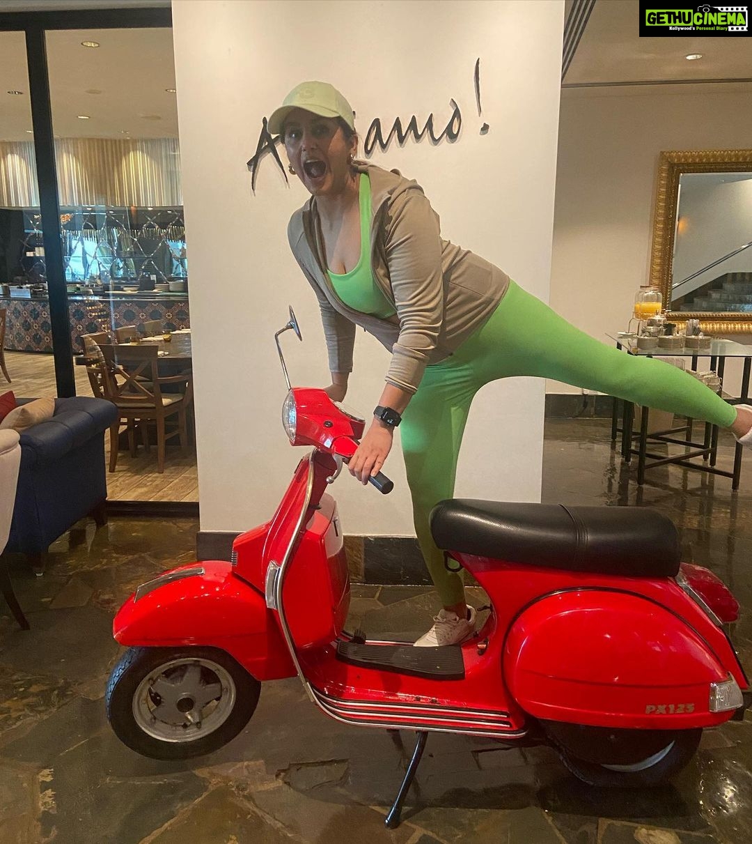 Huma Qureshi Instagram - Manifest your best life 💚 And while the Universe does it’s magic … continue to be a goofball … PS - no scooters or flowers were harmed during the making of this post .. #childatheart #goofball #neon #manifestation #mad