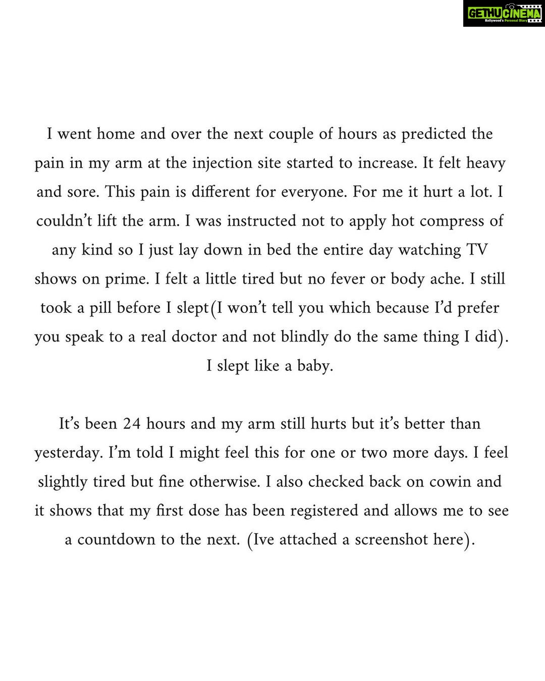 Kalyani Priyadarshan Instagram - It’s been over 24 hours since I got my first dose of the vaccine. Feel a bit fatigued but relieved 😊 I thought I’ll recount my experience and how I went about it because there seems to be a lot of hesitation and confusion about the process. It’s a bit of a long post because I’m going over registration , scheduling, the shot and what it feels like after - and Instagram doesn’t let me post such a long caption. Swipe to read —>