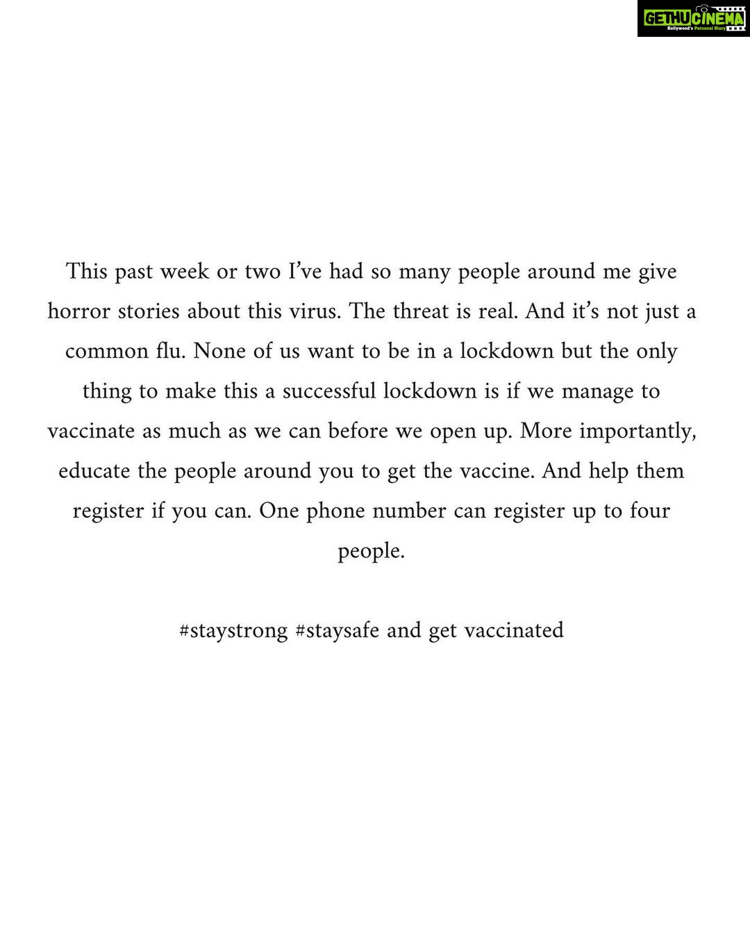 Kalyani Priyadarshan Instagram - It’s been over 24 hours since I got my first dose of the vaccine. Feel a bit fatigued but relieved 😊 I thought I’ll recount my experience and how I went about it because there seems to be a lot of hesitation and confusion about the process. It’s a bit of a long post because I’m going over registration , scheduling, the shot and what it feels like after - and Instagram doesn’t let me post such a long caption. Swipe to read —>