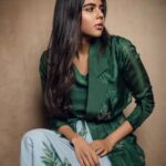 Kalyani Priyadarshan Instagram - Silk hand embroidered trench with a flared leaf print skirt from the Breathe collection @snehaaroralabel Fashion stylist @pallavi_85 Shot by @kiransaphotography Hair by @pinkylohar
