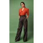 Kalyani Priyadarshan Instagram - Retro inspired by the original #chitralahari Doordarshan program - for media interviews Wearing a wide collar button blouse & flare pants set by @threepiececompany @rkbahuja Gold hoops by @aquamarine_jewellery Fashion Stylist @styledbyindrakshi Fashion Assistant @rishi_chowdary Photographer @akshay.rao.photography Makeup by @amitkagda Hair by @chinnahairstylist
