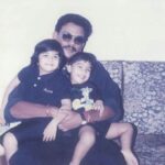 Kalyani Priyadarshan Instagram - Flashback to this time when we both somehow managed to fit on his lap. Papa bear. Baby bro. And my chubby laddoo cheeks.