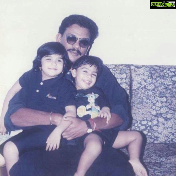 Kalyani Priyadarshan Instagram - Flashback to this time when we both somehow managed to fit on his lap. Papa bear. Baby bro. And my chubby laddoo cheeks.