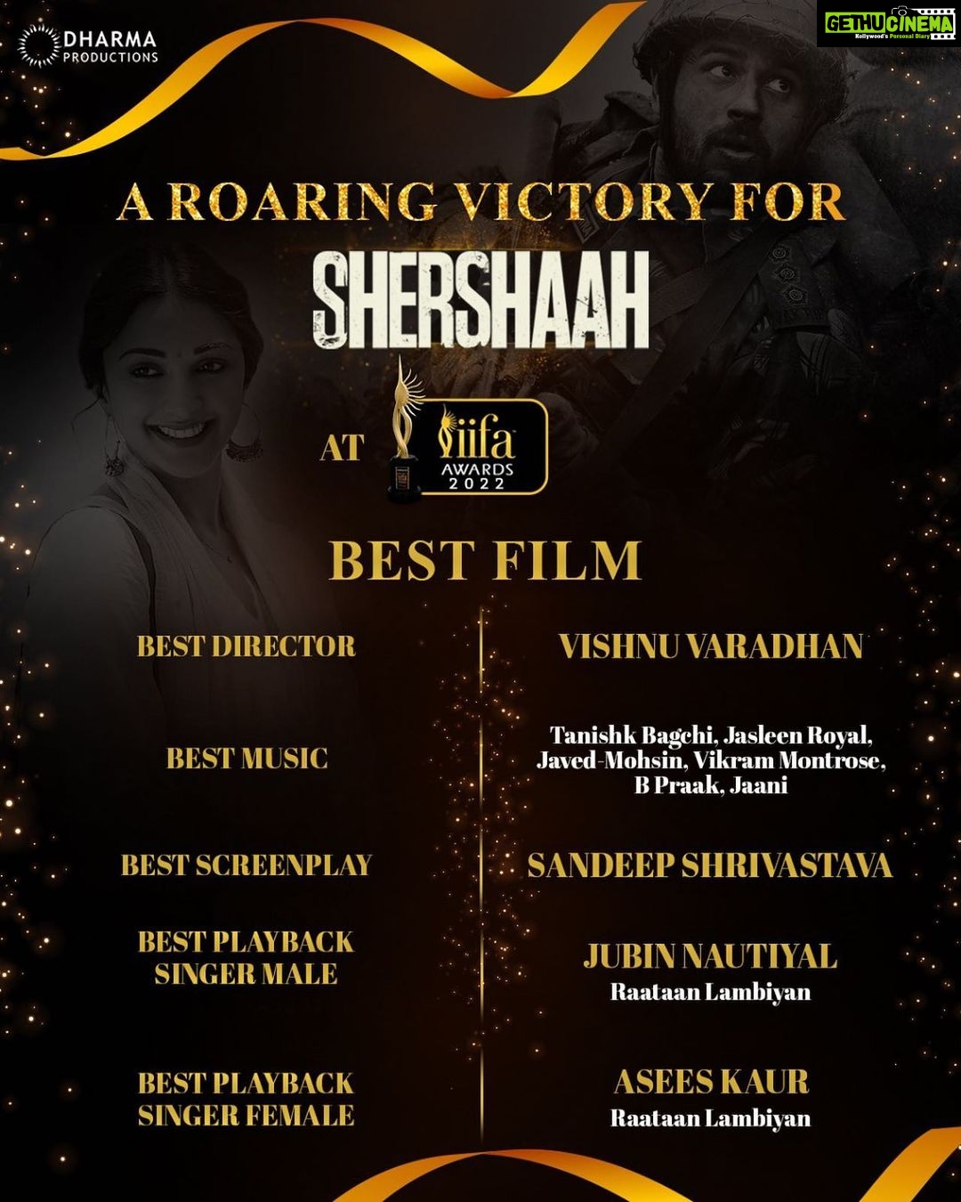 Kiara Advani Instagram - Shershaah's roar, loud & clear!😎 Congratulations to @karanJohar @dharmamovies @shabbirboxwalaofficial @vishnu_dir @tanishk_bagchi @JasleenRoyal @javedmohsin_official @vikrammontroseofficial @bpraak @jaani777 @isandeepshrivastava @jubin_nautiyal @aseeskaurmusic @azeemdayani for bringing the @iifa trophy home ✨
