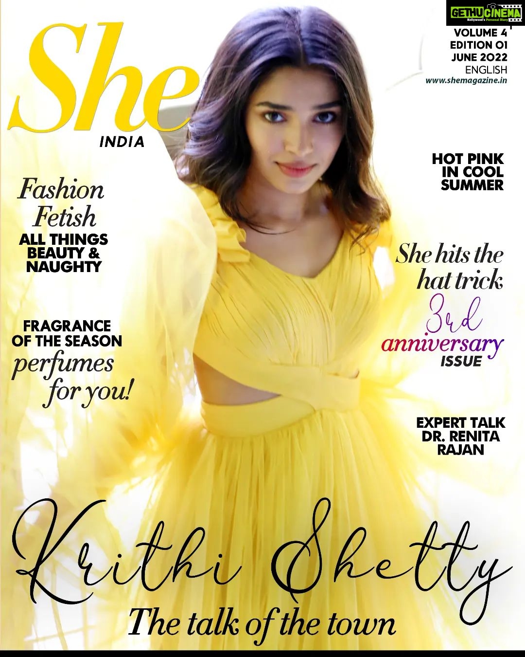 Krithi Shetty Instagram - The sensational actress Krithi Shetty ( @krithi.shetty_official ) graces our ( @she_india ) 3rd-anniversary issue cover in style. From working in commercial ads to breaking through the film industry, Krithi Shetty takes us through the journey of her life and the knack of making it big in the industry at such a young age. Affirming the importance of embracing your flaws & learning to love oneself, our youngest cover star has got wise words to inspire & motivate. On-Stands from 19th June 2022. . . Actress: @krithi.shetty_official Magazine: @she_india Founder: @its.manikandan Publication: @cherieamour.in Outfit: @geethikakanumilli Styled by: @ashwin_ash1 & @hassankhan_3 Hair: @venkymakeupstudio Makeup: @chaks_makeup Photographer: @portraits.by.sucharitharao PR: @rekha1210 & @donechannel1 . . #shebeauty #krithishetty #anniversary