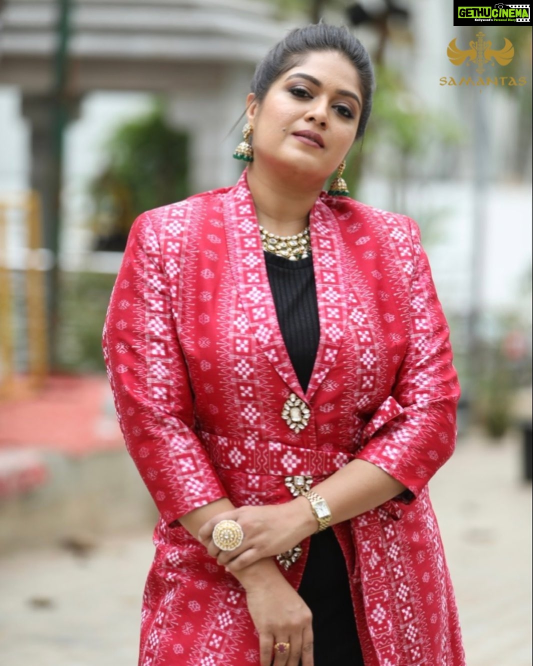 Meghana Raj Instagram - Exclusive Odisha’s Handloom Red pasapalli ikkat silk over coat with exaggerated rhinestone buttons as a trim and waist tie-up. In frame:- @megsraj Stylist:- @harshithareddy_stylebook #indiandesigners #handloom #glamour #apparel #artisans #indianwedding #occasionwear #odisha #odishahandloom #rampwalkmodel #southstar #designers #couture #zardoziwork #colorfulcostumes #handloomlove #golden #brocade #lehenga #lehengacholi #zardozi #handloom #handweaved #pasapalli