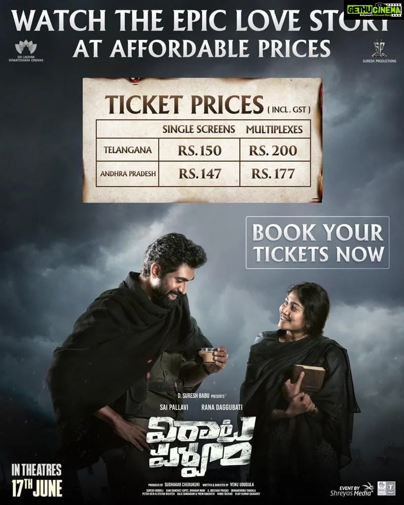 Rana Daggubati Instagram - Bringing #VirataParvam to you at affordable prices ❤️ Book your tickets now 🎟️ IN CINEMAS JUNE 17. @saipallavi.senthamarai @nanditadasofficial @venuudugulafilm @pillumani @dancinemaniac @naveenchandra212 #SreekarPrasad @sureshproductions @slv_cinemas