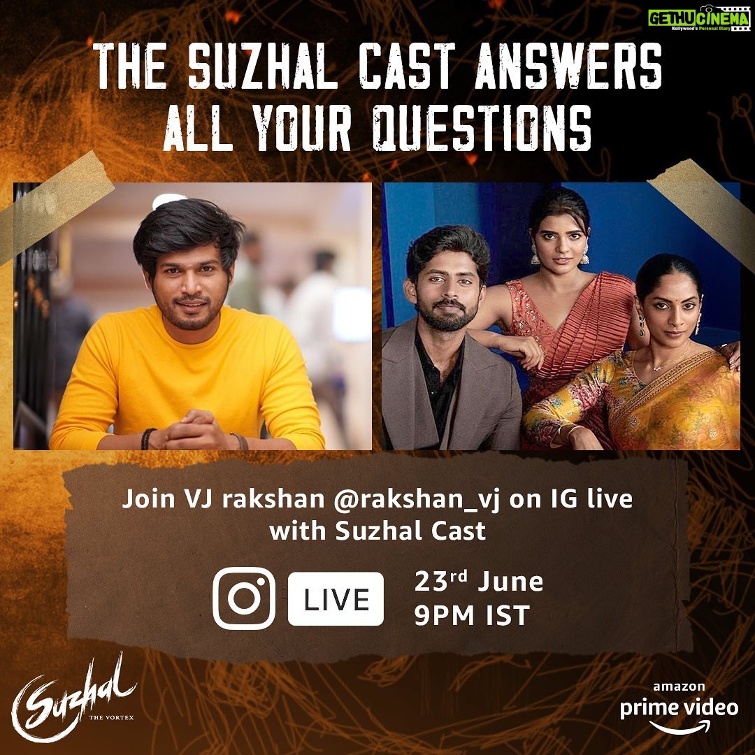 Sriya Reddy Instagram - We are going live on Instagram today with @rakshan_vj Join us! #Suzhal, New Series on @primevideoin #SuzhalTheVortex #SuzhalOnPrime @Pushkar.Gayatri @wallwatcherfilms @kathir_l @aishwaryarajessh @radhakrishnan_parthiban @brammaofficial @anucharan.m @nivedhithaa_sathish @gopika_ramesh_ @naanungalfj @mukes47 @samcsmusic @editorrichardkevin.a @arunkumarkb6 @gowthamselvarajs @guha812 @dineshsubbarayan @dhilipsubbarayan @srikrish_choreographer @sync.cinema @poornima_ramaswamy