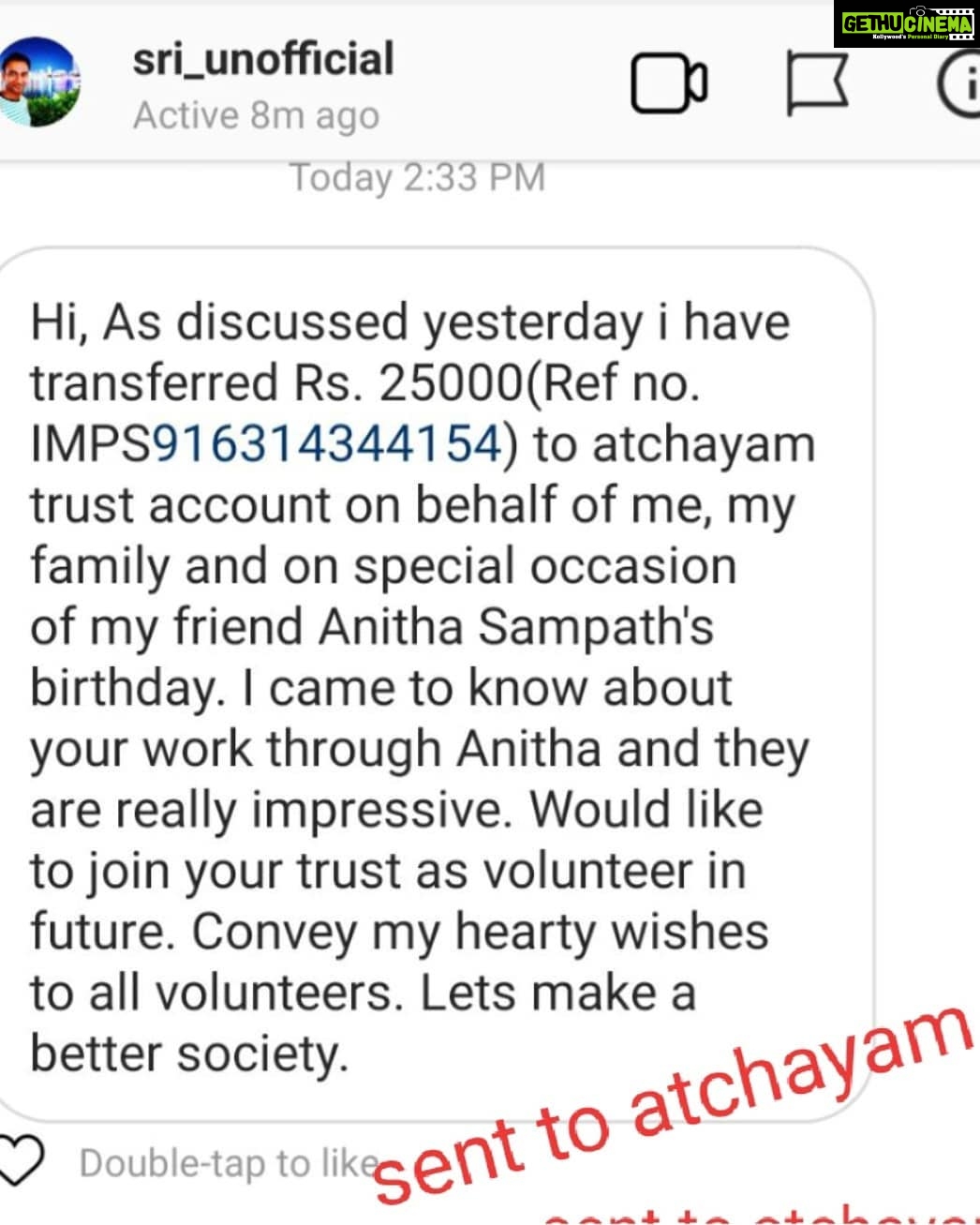 Anitha Sampath Instagram - "தன் மகனை சான்றோன் எனக்கேட்ட தாய்" என்பதை போல உணர்கிறேன்..உண்மையிலேயே பெருமையான தருணம்.. . அட்சயம் அமைப்பை பற்றி என்னால் முடிந்த அளவு என் படவரி (Instagram) நண்பர்களுக்கு தெரிவித்து வருகிறேன். நண்பர் நவீன் @naveen.atchayam வழிகாட்டுதலில் பிச்சைக்காரர்களுக்கு (யாசகர்களுக்கு) மறுவாழ்வு அளிக்கும் இளைஞர்களின் அமைப்பு தான் அட்சயம்.. @atchayam_official . என் பிறந்தநாளை ஒட்டி என் படவரி நண்பர் ஸ்ரீசரன் என்பவர் அட்சயம் அமைப்புக்கு 25000/- ரூபாய் அளித்திருக்கிறார்..உங்கள் சேவை மனப்பான்மைக்கு கோடி நன்றிகளும் பாராட்டுகளும் ஸ்ரீசரன். @sri_unofficial . நான் வியக்கும் ஒரு விஷயம் என்னவெனில் அவர் இவ்வளவு பெரிய உதவியை அவர்களுக்கு செய்துவிட்டு என்னிடம் ஒரு வார்த்தை கூட சொல்லவில்லை என்பதே..அட்சயம் அமைப்பு நண்பர்கள் சொல்லிதான் தெரிந்து கொண்டேன்.. @ashokbalaji91 . பிறகு தான் அவரது Instagram i.dஐ தேடி நன்றி தெரிவித்தேன்.. @sri_unofficial . நீங்கள் செய்திருப்பது செலவு அல்ல..புண்ணியத்தின் முதலீடு..இறைவன் 1000 மடங்காக திரும்ப அளிப்பான்..வாழ்க பல்லாண்டு.. . நானும் நேரம் கிடைத்தபின் அட்சயம் அமைப்போடு சேர்ந்து பணியாற்ற விரும்புகிறேன்..வாழ்த்துகள் அட்சயம்.. @atchayam_official @naveen.atchayam . என் படவரி நண்பர்களை எண்ணி பெருமை கொள்கிறேன்..,thank u guys..millions of thanks..proud of u people..love u all.. . மகிழ்வித்து மகிழ்.!!