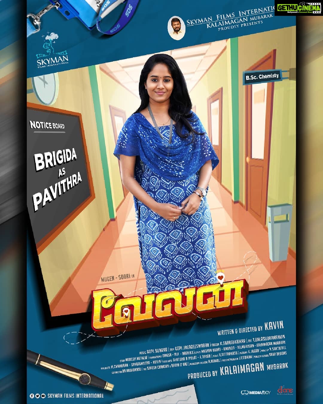 Brigida Instagram - 💙 Here it's #Velan character poster No 8 #BRIGIDA as "Pavithra" Directed by @kavin_dir produced by @SkymanFilms @kalaimagan20 @themugenrao @sooriofficial @DoneChannel1 @CtcMediaboy Costume from @renafashionz ❤