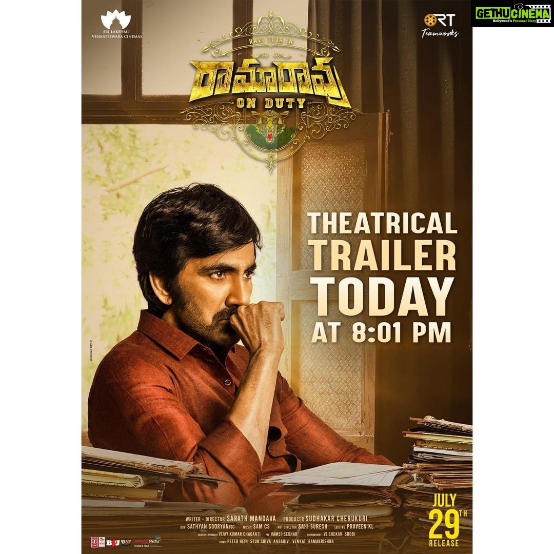 Divyansha Kaushik Instagram - The time is set to give you all MASSive thrills π₯ #RamaRaoOnDutyTrailer Today at 8:01 PM π₯ #RamaRaoOnDutyOnJuly29 Mass Maharaja @raviteja_2628 @sarath.mandava @divyanshak @rajishavijayan @sathyansooryan.isc @sahi_suresh @praveenkl @samcsmusic @slv_cinemas #rtteamworks @laharimusic