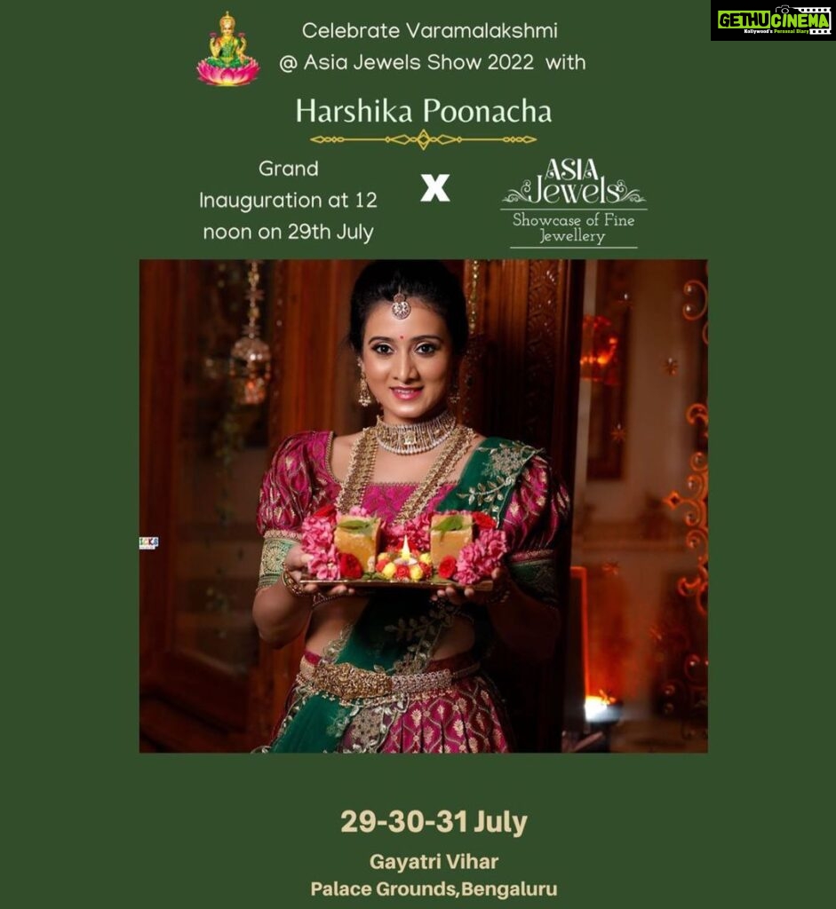 Harshika Poonacha Instagram - Celebrate Varamahalakshmi festival with @asiajewelsshow on 29th 30th and 31st July in palace grounds. I will be inaugurating the exhibition at 12pm today , Come and Join us to celebrate the beauty of jewellery from all over the world ♥️♥️♥️ Gayatri Vihar